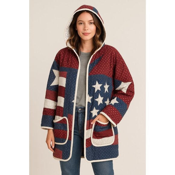 Handmade Patriotic Quilt Coat USA Flag Patchwork Hooded Jacket | Heirloom & Hem - Picture 1 of 8
